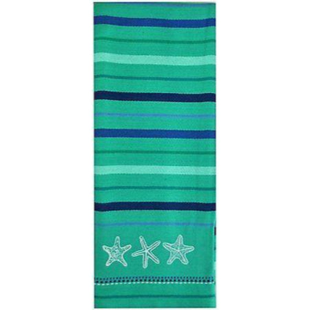 Striped dishtowel with embroidered starfish middle bottom.  Green and blue stripes.