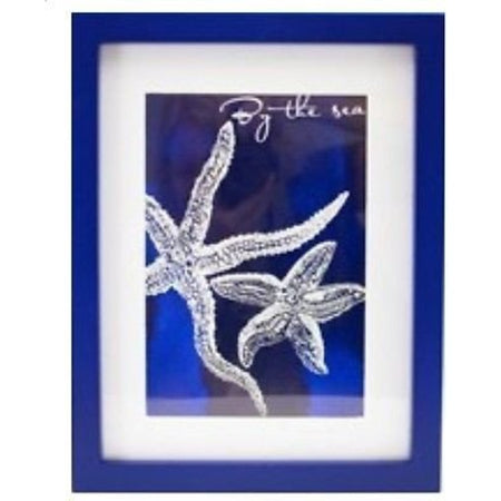 Blue framed silver starfish print with white mat. "By the sea".