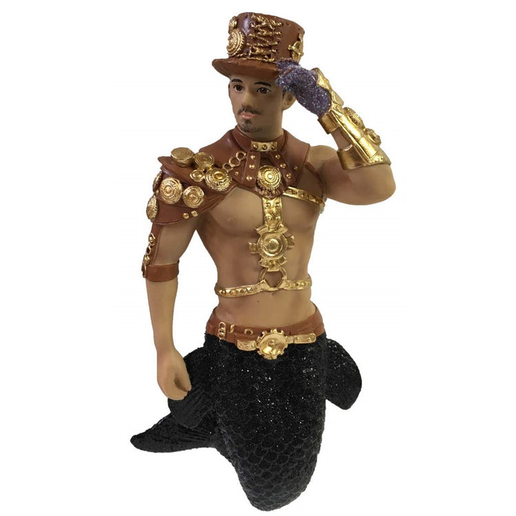 Mermaid figurine ornament.  Elaborate straps and metal embellishments, Wearing a top hat.