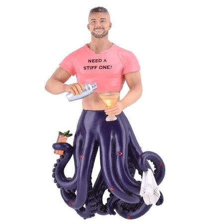 Resin Octopus Man ornament, His tentacles are a dark purple black and he's wearing a pink crop top with the phrase "need a stiff one?"