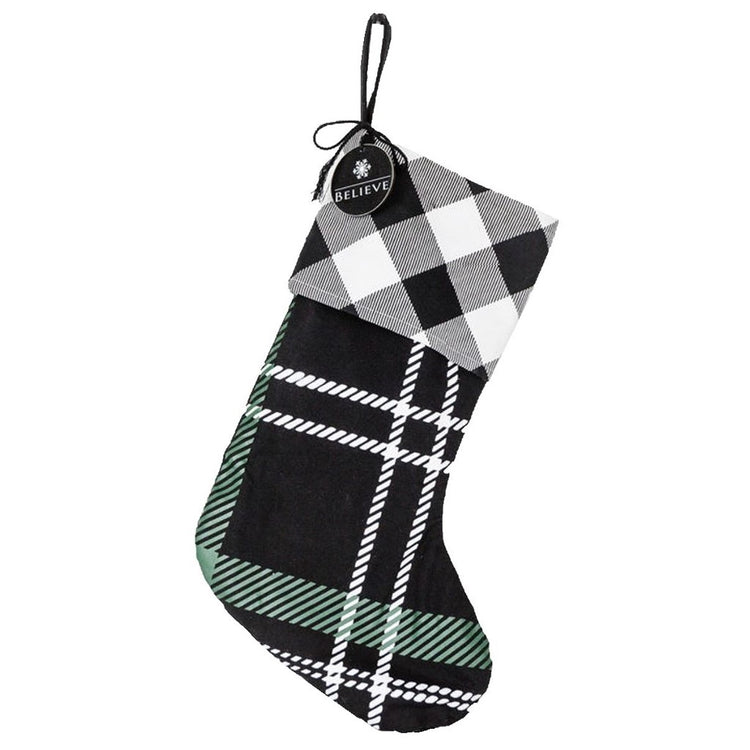 Black, white and green checked Christmas stocking.  Tag says "BELIEVE".