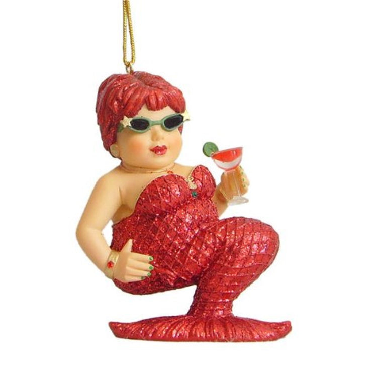 Mermaid figurine ornament.  Chubby, dressed in red with sunglasses and cocktail.