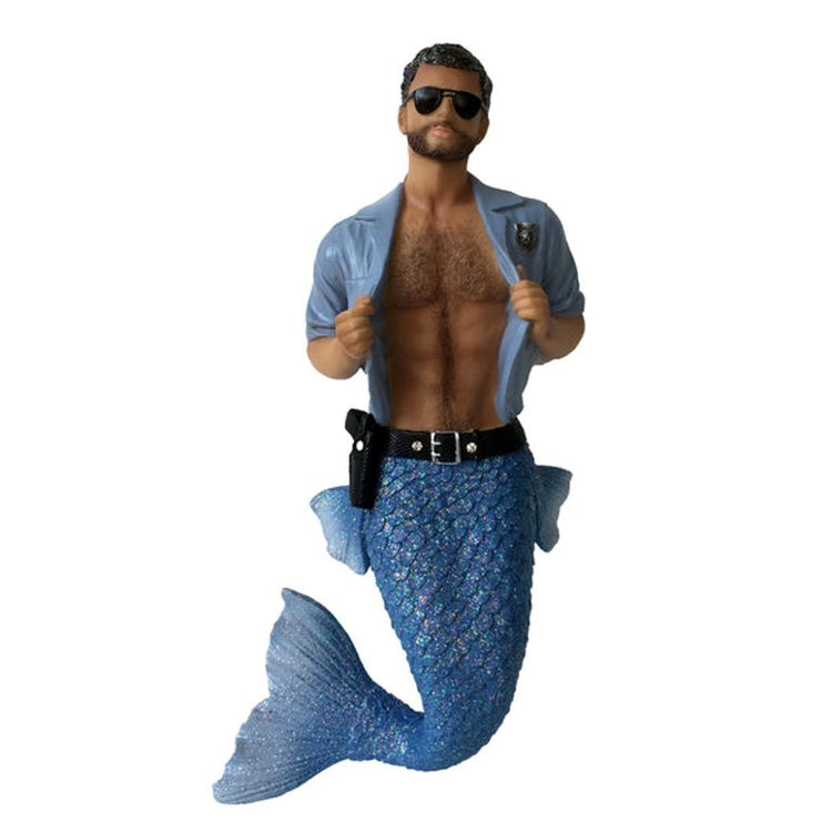 Mermaid figurine ornament.  Dressed in blue with open shirt, gun belt and  badge.