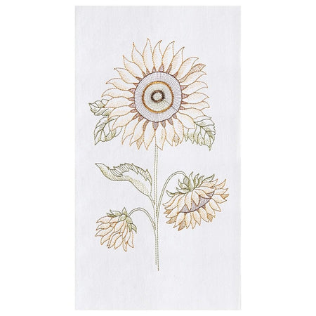 White flour sack kitchen towel embroidered with a sunflower.