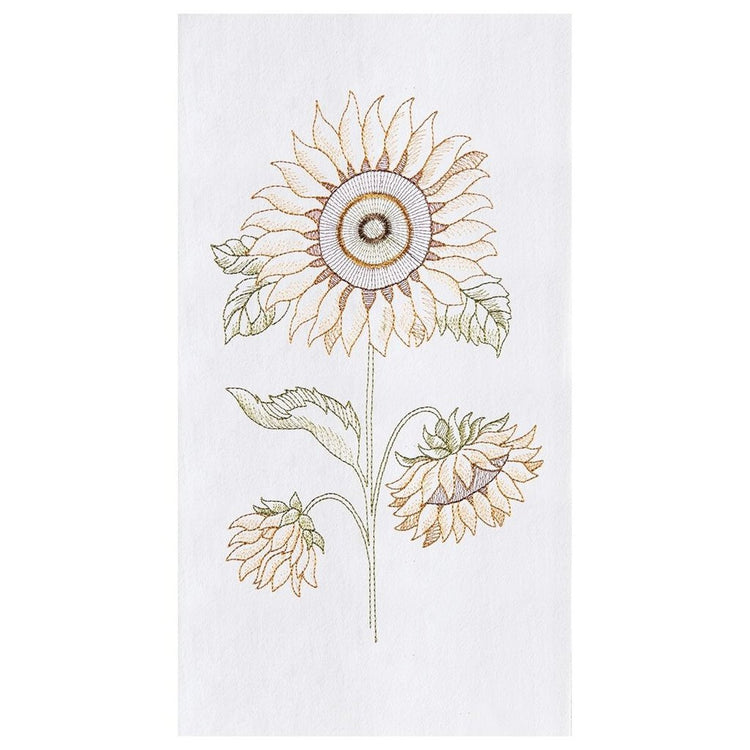 White flour sack kitchen towel embroidered with a sunflower.