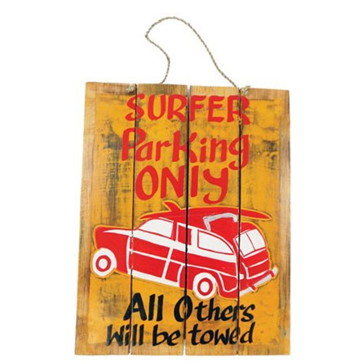 Bright yellow rectangle with with red car and lettering.  Rope hanger.
