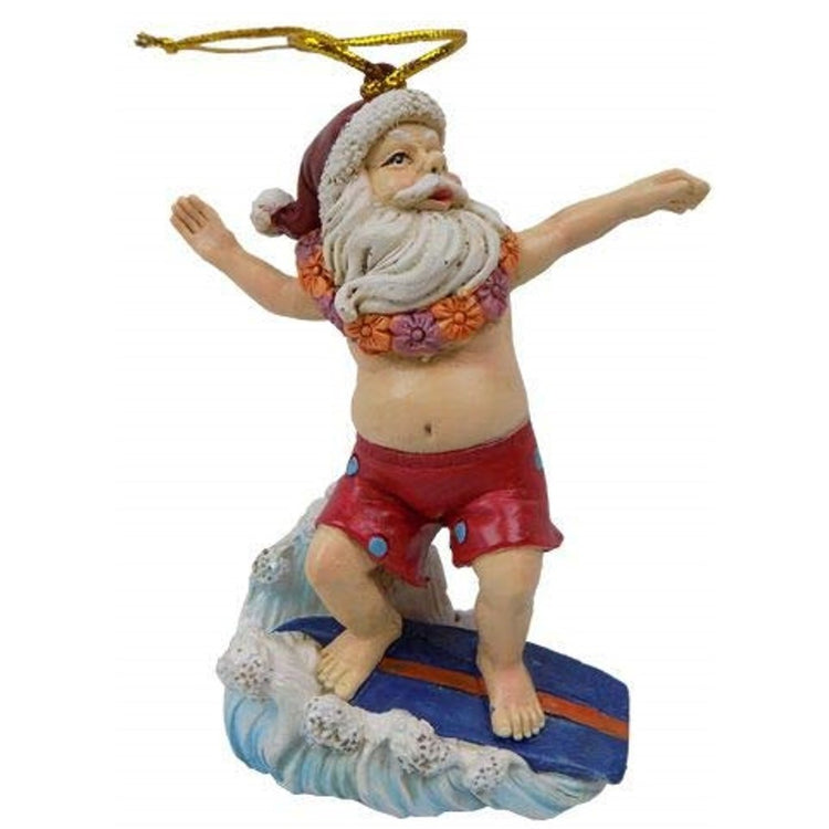 Christmas ornament shaped like Santa Clause in a bathing suit surfing a wave wearing a floral necklace and Santa hat.