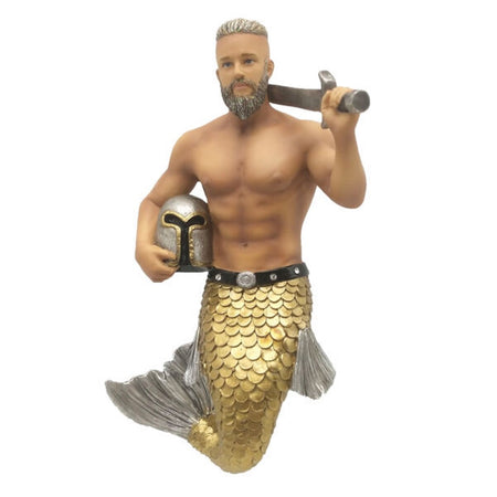 Resin merman ornament, gold tail with silver fins. Merman is holding a sword and metal knights helmet.