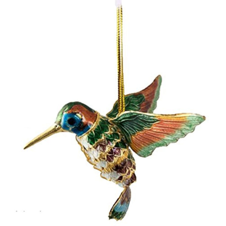 Flying hummingbird shaped hanging Christmas ornament in shades of green, copper and blue with metal accents.