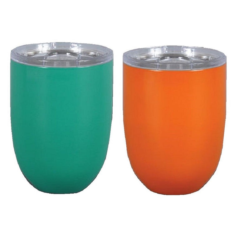 2 Stemless wine glasses with clear top.    Teal and Orange.