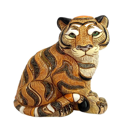 De Rosa sitting tiger figurine. Orange, tan and black with gold accents.