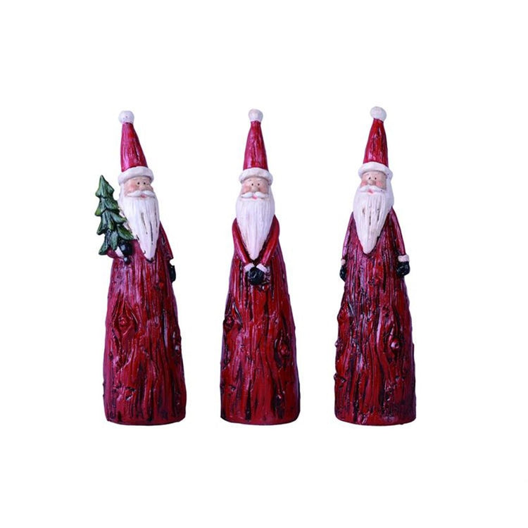 3 wood-look standing Santa figurines. 