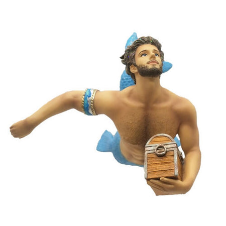 Resin swimming merman ornament, merman is brunette with a light blue tail and arm cuff. In one arm he's carrying a treasure chest.