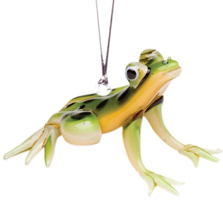 Glass frog ornament. Sitting on hind legs looking up. Green skin black spots & white accents. Belly yellow