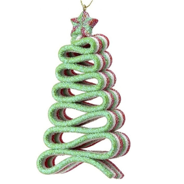 green, red and white clay dough modeled into a vintage inspired ribbon candy tree ornament. 