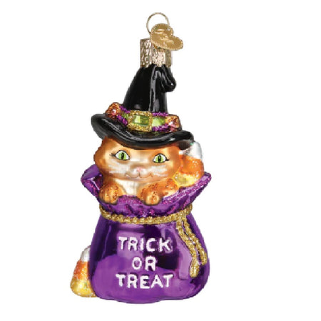 Blown glass ornament of an orange kitty in a purple bag that says trick or treat. The cat is also wearing a black witches hat.