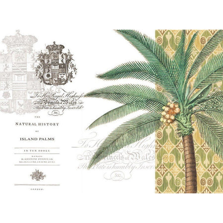 White hardboard placemat featuring a palm tree, green and yellow pattern, and royal seal.