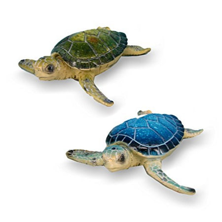 2 Sea turtle figurines. 1 turtle has a blue shell and 1 has a green shell.