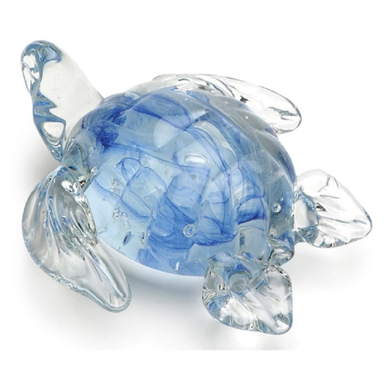 Textured look clear glass sea turtle in swimming position. Main body is light blue tinted.