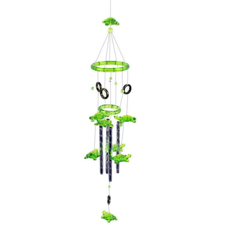Wind chime with green acrylic turtles and silver metal cylinders.