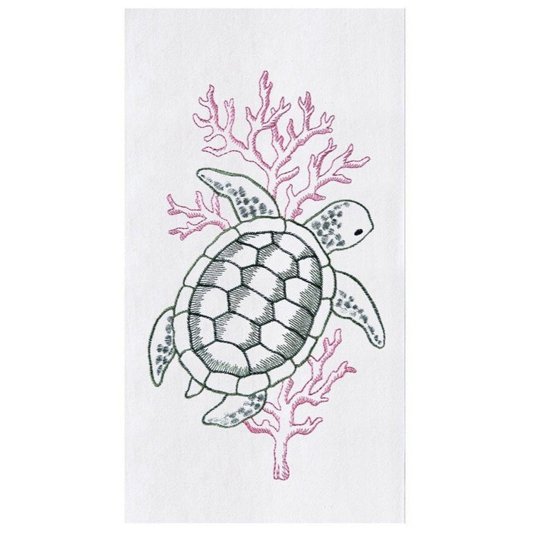 White towel, Green embroidered turtle swimming up pink coral.
