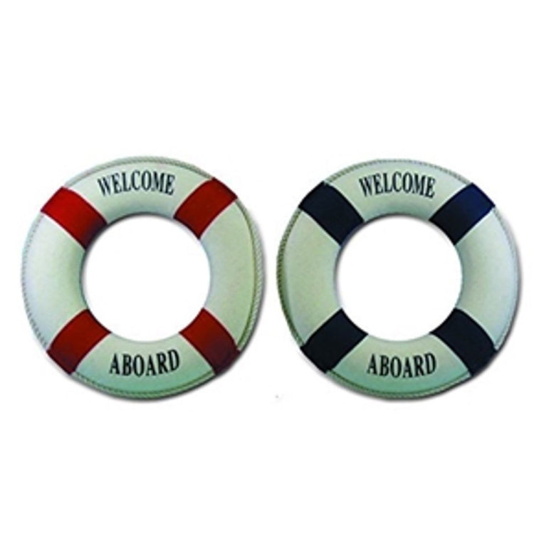 2 life preserver ring decorations. Both are cream colored and say welcome aboard. 1 has red accents, 1 has blue.