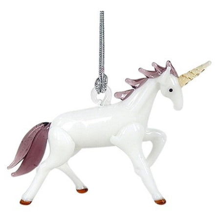 Glass unicorn walking with legs out. White with purple tail & mane. Horn is gold color and hooves are brown.