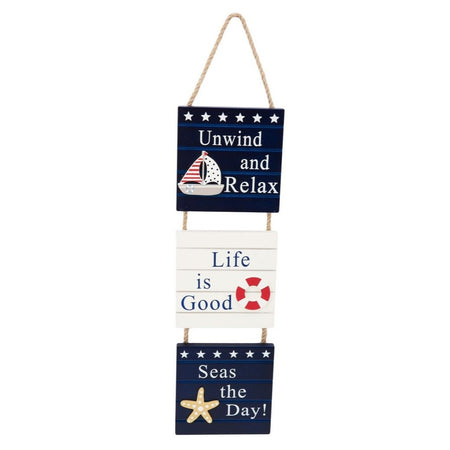 3 square blue & white wooden signs with a rope hanger. 1 says relax & unwind, 1 says life is good, 1 says seas the day.