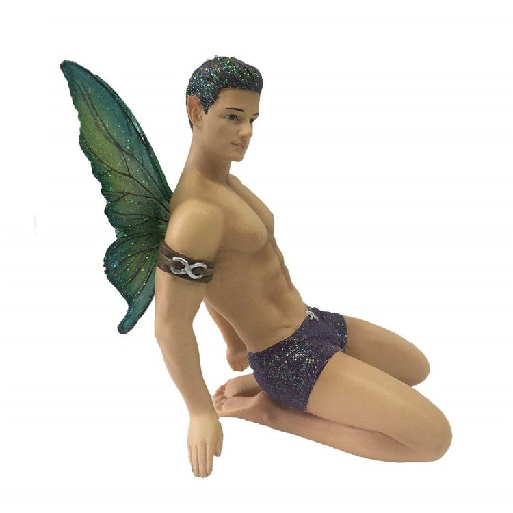 Fairy figurine shaped hanging ornament.   He is kneeling back on both knees, black shorts and metal and leather arm band.
