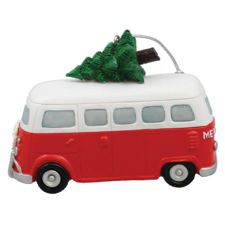 Red and white van with Christmas tree on roof figure hanging ornament.