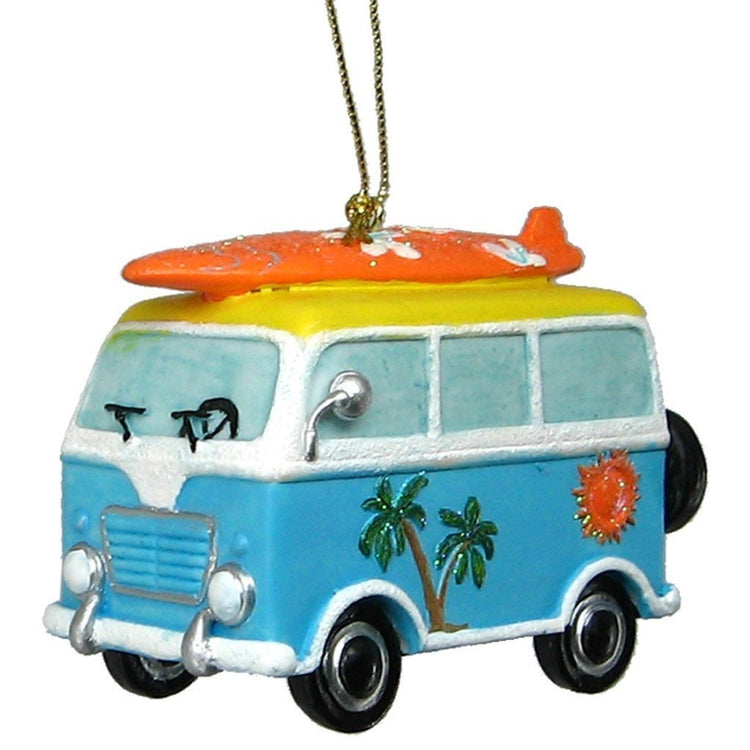 Van shaped Christmas ornament with gold cord.  Blue van with palm tree and sun on side of van and orange surfboard on roof.