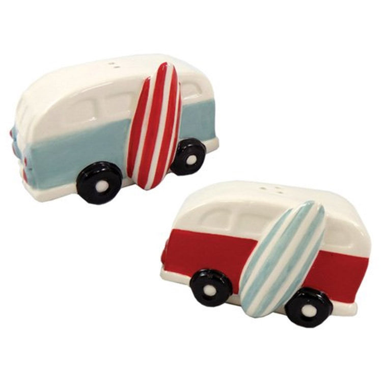 Van design salt and pepper. One blue, one red with striped surfboard leaning on sides.