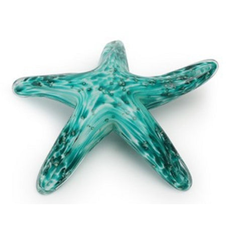 Teal & white swirled glass starfish, laying flat with one arm raised level.