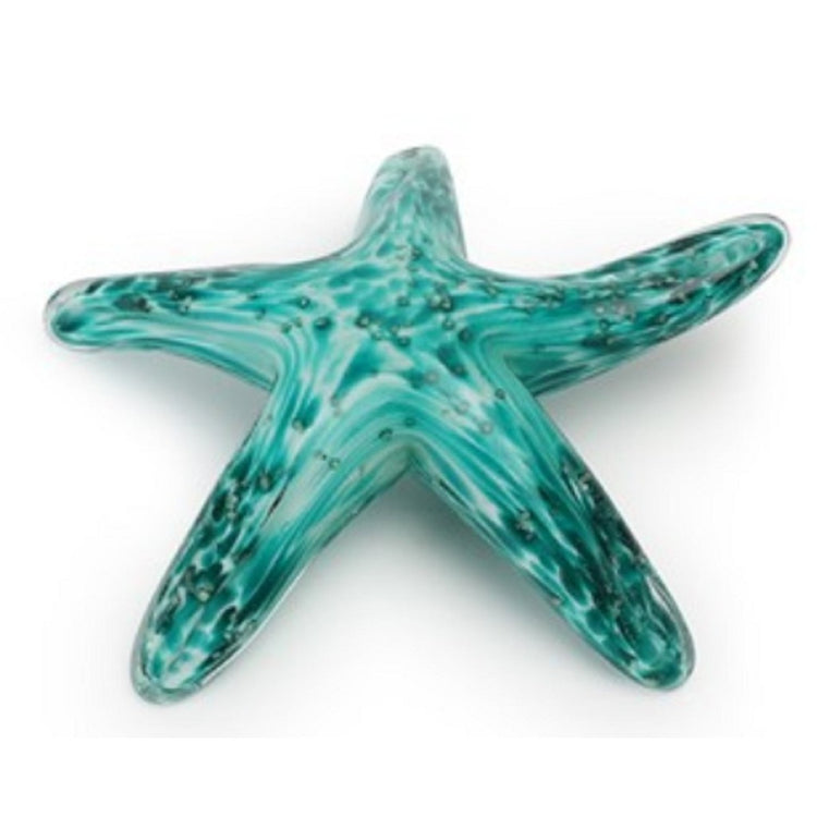 Teal & white swirled glass starfish, laying flat with one arm raised level.