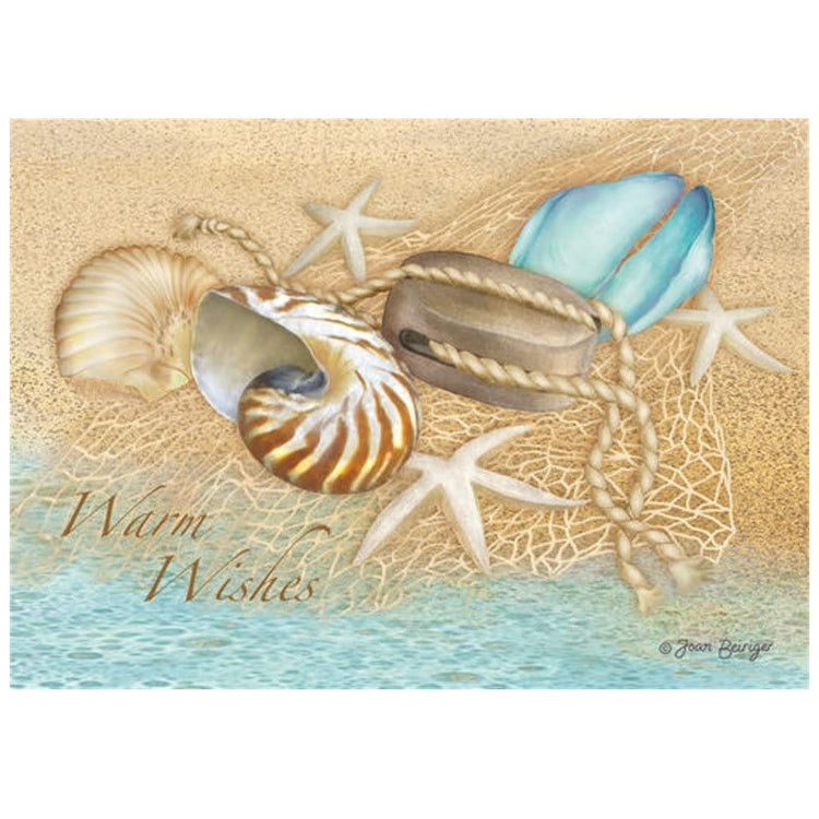 holiday card featuring shells on the beach with a net, close to the water. There is also the phrase, Warm Wishes.