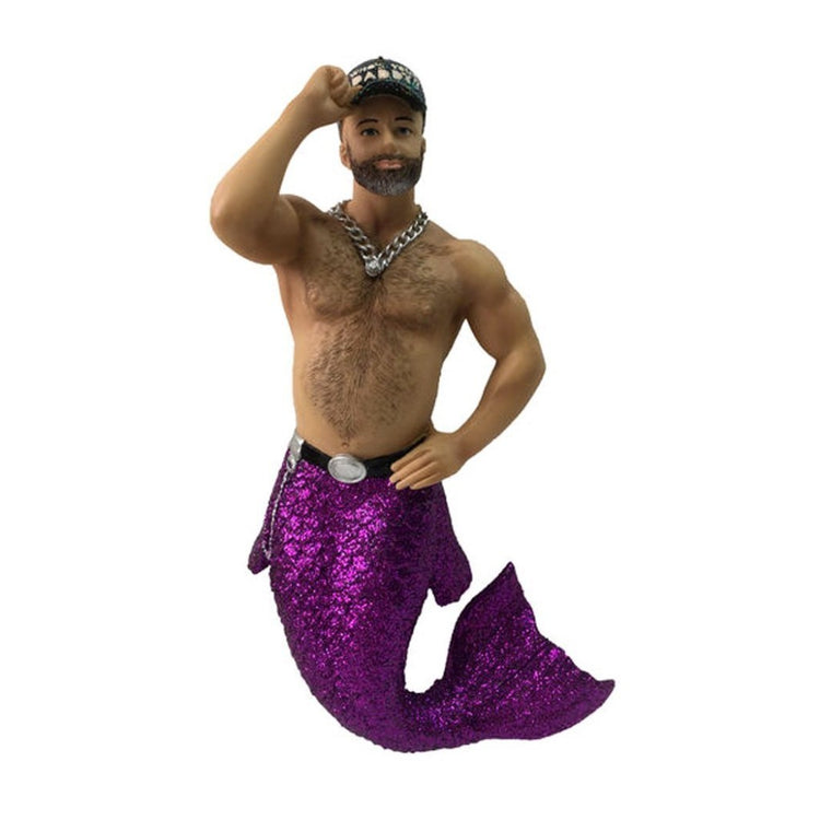 Merman figurine ornament.  Purple tail, necklace and belt.  Ball cap "Who's  your Daddy".