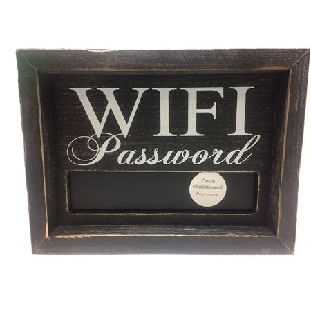 Black wood frame around black sign with text "WIFI Password" small chalkboard under text.
