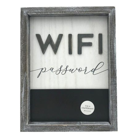 Rectangle shaped sign with bottom 3rd chalkboard "WIFI password" on top.