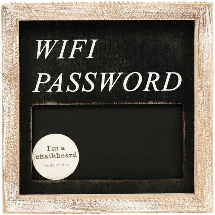 square wood framed sign with chalkboard for WIFI password.