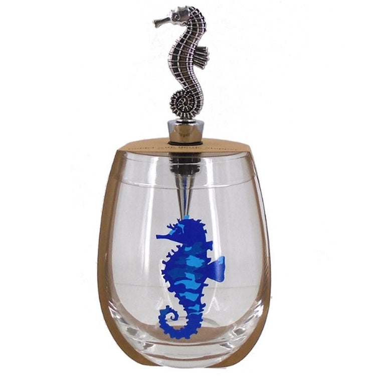 clear glass wine cup with a blue seahorse on it and a silver seahorse wine stopper.