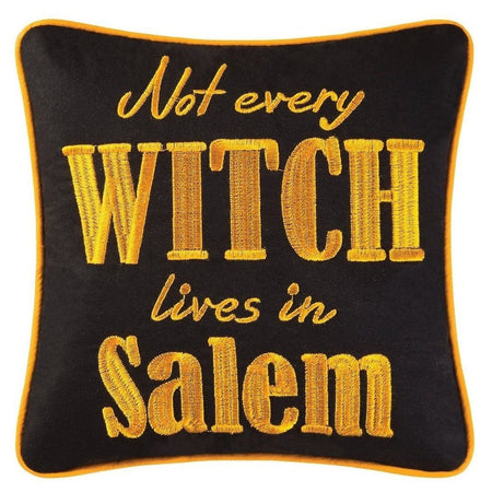 Black square pillow saying 'Not every witch lives in Salem' and trim in bright orange.