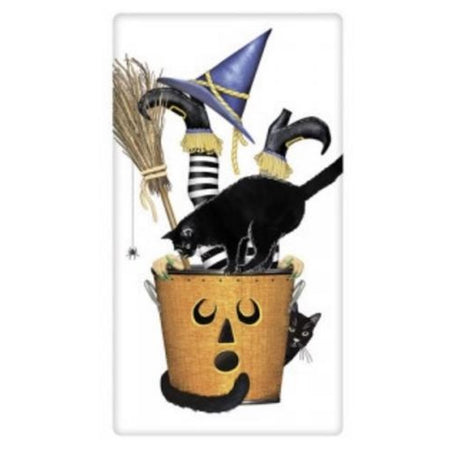 White towel with orange jackolantern pail, holding a broom, witch legs, witches hat and black cats.