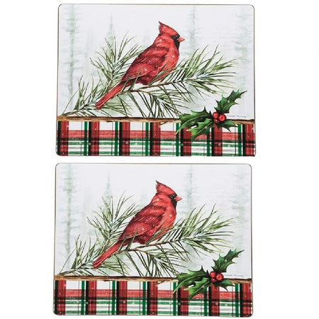 2 duplicate rectangular placemats with red and green plaid bottom border and a red cardinal perched on greenery with a holly sprig accent.