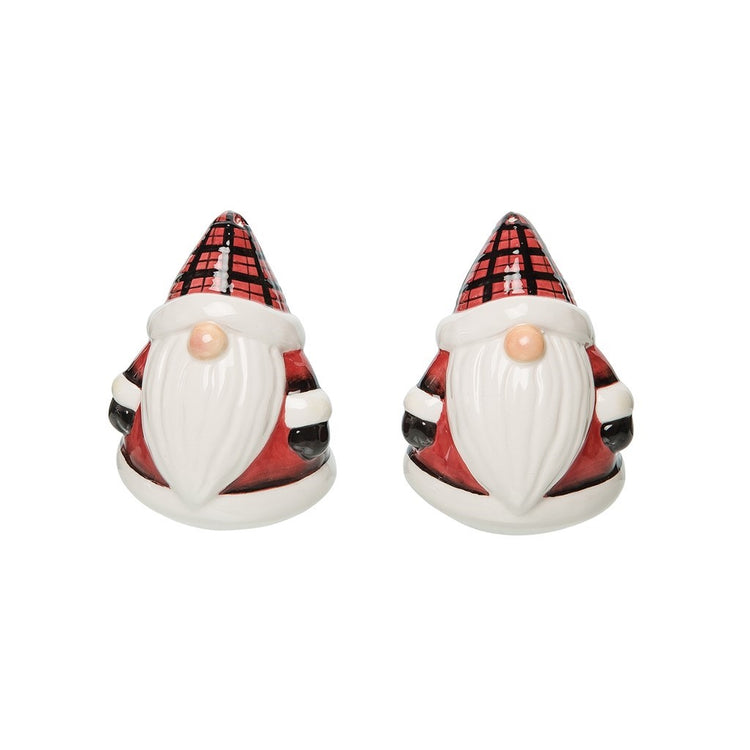 Santa gnome in red plaid hat & red coat.