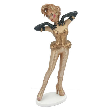 Drag queen figurine with gold hair, blouse, pants and platform shoes. Wearing long black gloves with hands on shoulders.