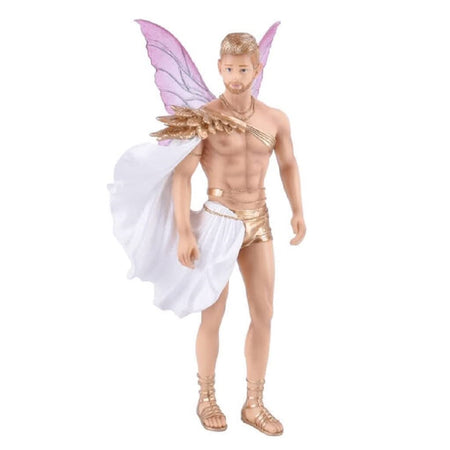 Blonde Male Fairy with Pink wings. Wearing gold sandals, shorts, belly chain and other accessories, with a white cape.