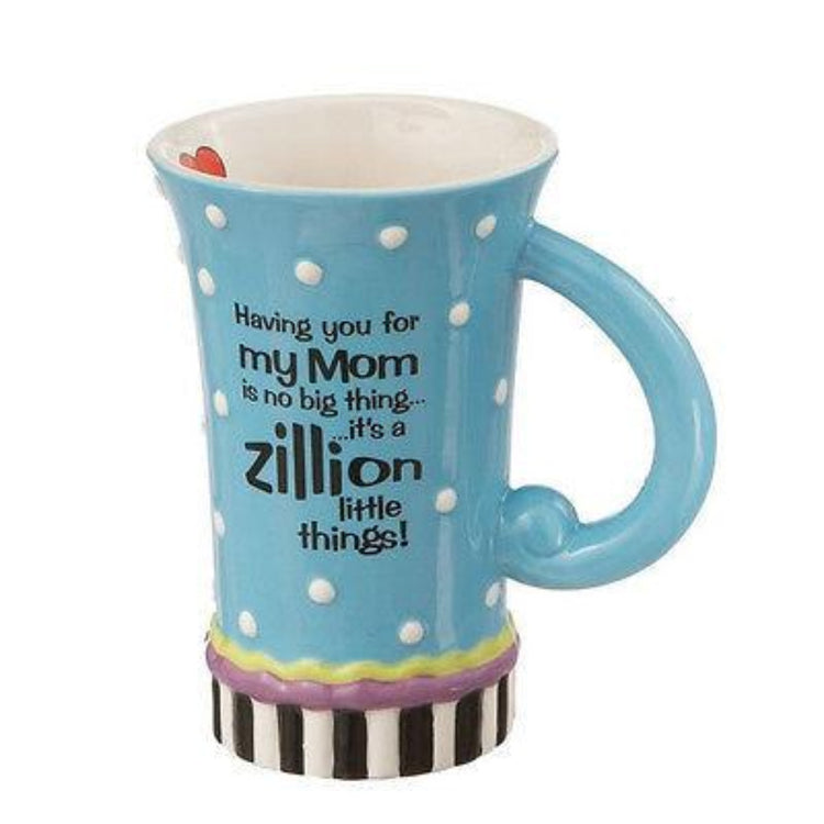 Fluted light blue cup with loop handle, text"Having you for my Mom is no big thing.. it;s a zillion little things!"
